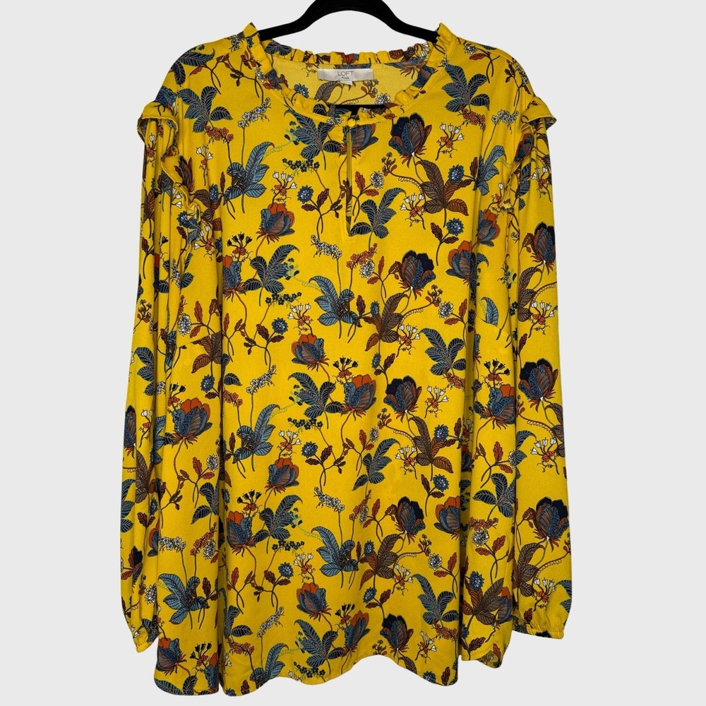 Ann Taylor LOFT 3X (26) Mustard Yellow Floral Ruffle Neck Long Sleeve Blouse Top